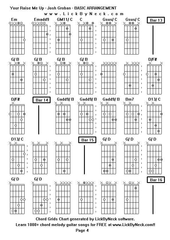 Chord Grids Chart of chord melody fingerstyle guitar song-Your Raise Me Up - Josh Groban - BASIC ARRANGEMENT,generated by LickByNeck software.